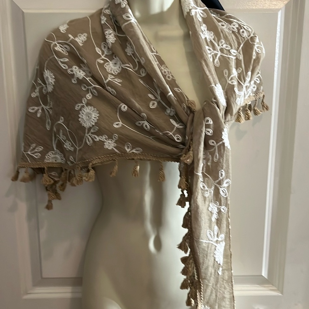 Howard’s tan & ivory embroidered sarong  , wrap or cover up with fringe tassels